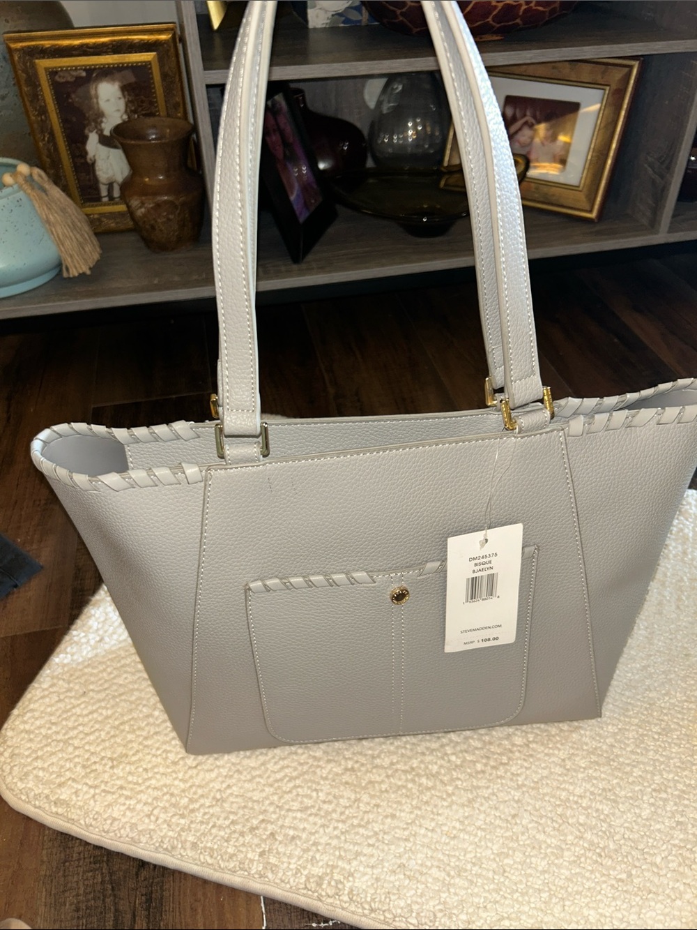 NWT Steve Madden Pebbled Light Gray Tote with Whipstitch Trim